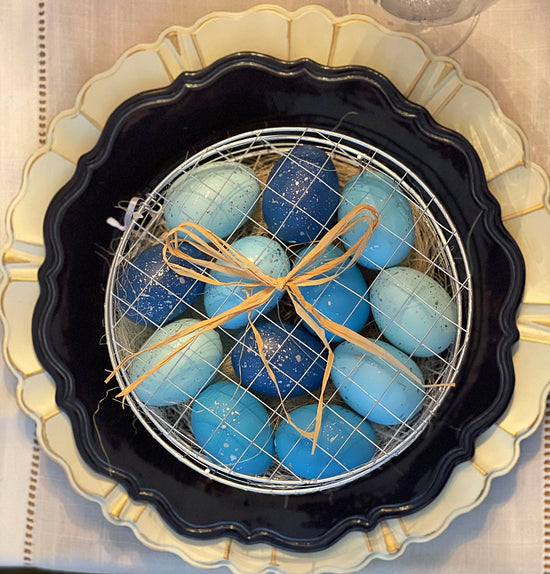 Set of 12 Beautiful Blue Eggs in Charming Metal Basket
